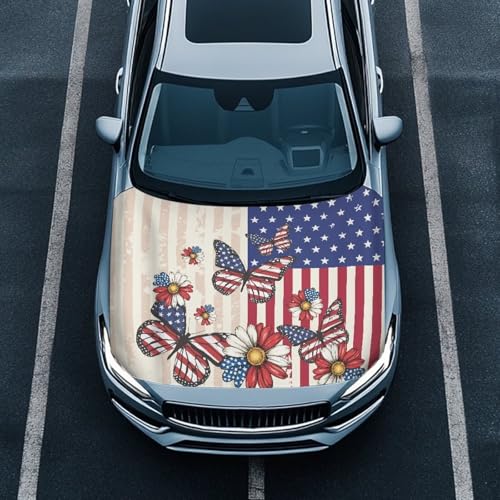 Image of American Retro Pastoral Style Car Hood Cover for Compact Sedans SUV Trucks, 59x39 Inches Stretchable Auto Hood Wraps Vehicles Banner Automotive Exterior Accessories