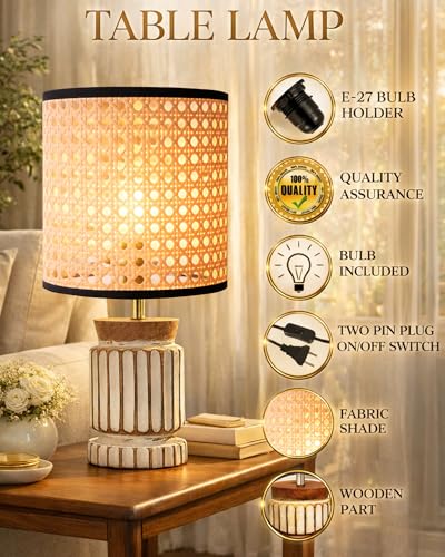Image of Homesake Retro Farmhouse Table Lamp for Living Room Bedroom Rustic Linen Bedside Nightstand Lamps Table lamp for Living Room Table lamp for Study, Livra Collection, Carved Cylinder, (Rattan Cane)