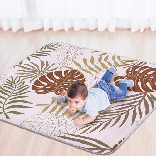 Image of Funtery 43 x 43 Inch Boho Baby Play Mat Portable Crawling Washable Foldable Tummy Time Non Slip Baby Floor Large Playpen Mat for Infants Toddlers Floor Playpen Activity(Plant Theme)