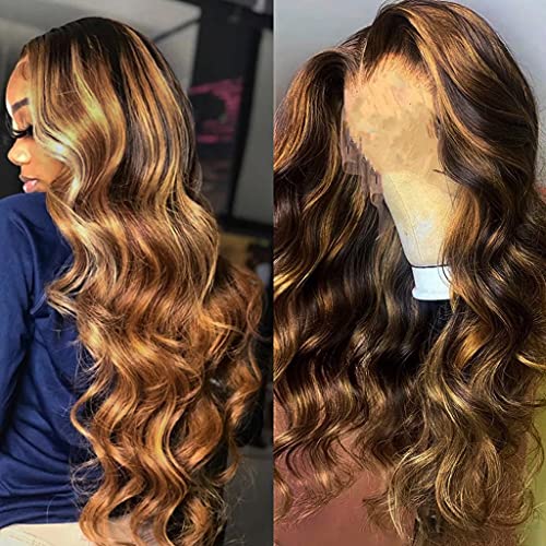 Glueless 4/27 Highlight Wig VIPbeauty Brazilian Body Wave Human Hair Wigs Ombre Brown Honey Blonde 13X6X1 Lace Front Wig 150% Density Lace Front Human Hair Wigs for Black Women(22 Inch)