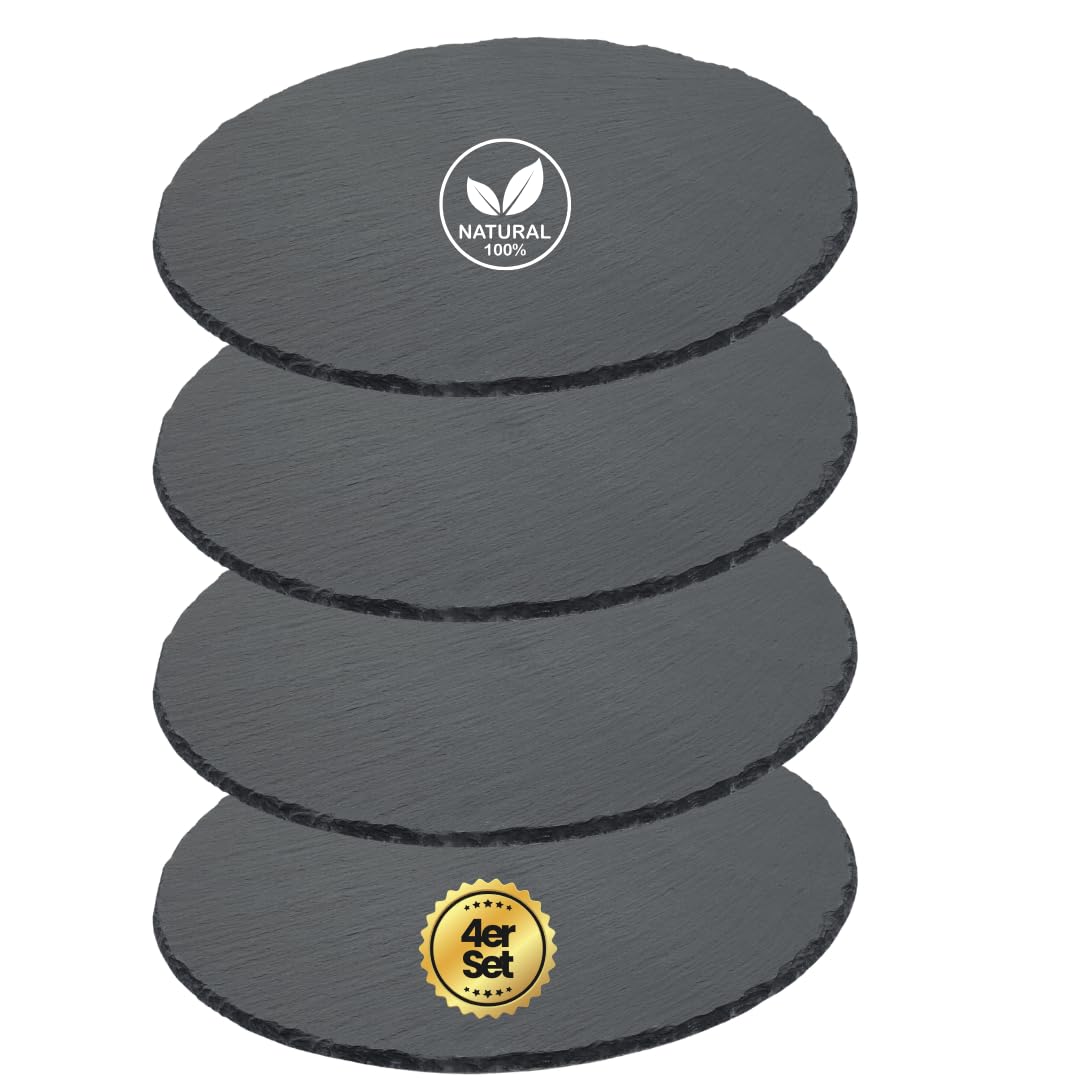 4-er Set Naturschieferplatte rund Ø 38 cm – Hochwertige Schieferplatte für stilvolles Anrichten & Servieren – Robust & elegant