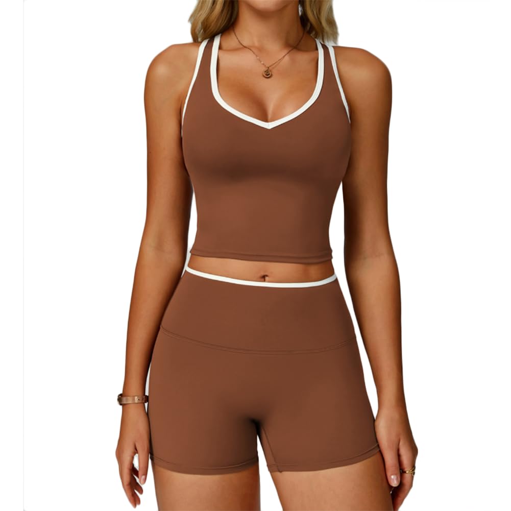 XYFfybhsd Women's 2 Piece Activewear Set Contrast Trim Sports Tank Top and High Waist Shorts Stretchy Seamless Yoga Outfits(Size:M,Color:Brown 2)