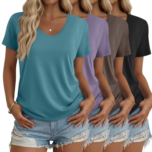 Yearntown 4 Pack Women's V Neck T Shirts Short Sleeve