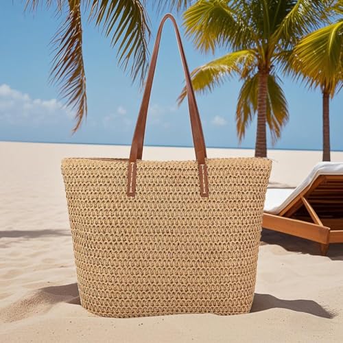 Image of Naimo Women Straw Beach Shoulder Bag Woven Tote Handbag Large Handmade Weaving Summer Casual Hobo Bag