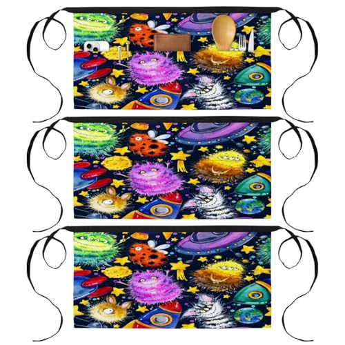 Lot de 3 tabliers courts de chef Monster Space multicolores avec 3 poches pour cuisine et bistrot