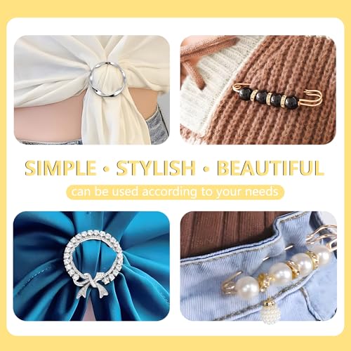 Image of 12-45PCS Scarf Ring Clip Pearl Brooch Pins - T-shirt Sweater Shawl Ties Clips Clothes Corner Knotted Button Fashion Metal Round Circle Shirt Clip Buckle Brooches for Women Girls Gift