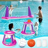 JOYIN Inflatable Pool Float Set Volleyball Net & Basketball Hoops, Floating Swimming Game Toy Floaties for Kids and Adults Volleyball Court (105”x28”x35”)|Basketball (27”x23”x27”),L-Pink Purple
