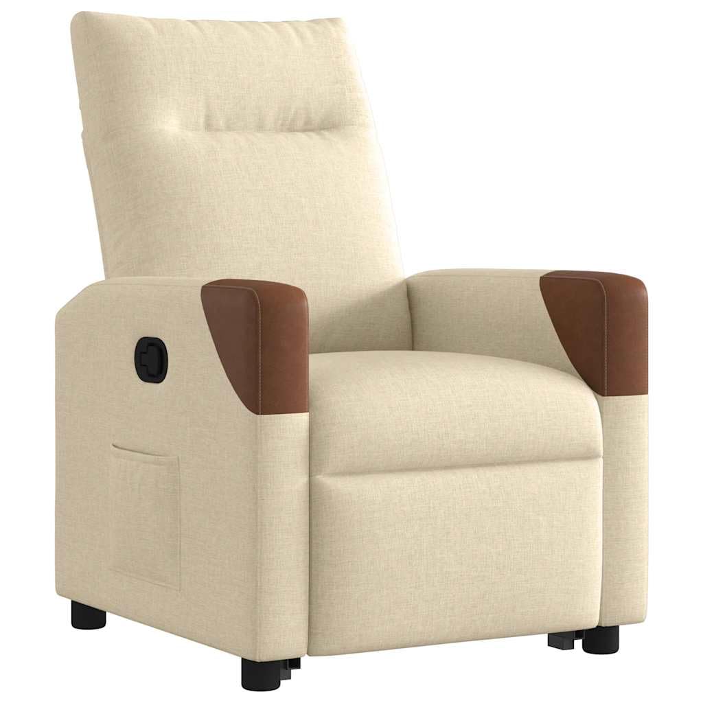Sillón elevador eléctrico reclinable de tela color crema con función de elevación automática y reclinación manual a 135 grados, estructura estable de madera y metal, bolsillo