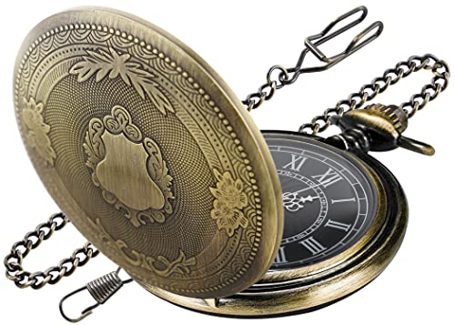 Realpoo Bronze Smooth Cover Roman Men's Quartz Pocket Watch, Black Roman Digital Dial with Chain