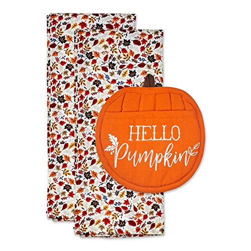 Dii Fall Kitchen Décor Collection Dish Towel & Potholder Hostess Gift Set, Hello Pumpkin/Autumn Leaves, 3 Piece #TOP7