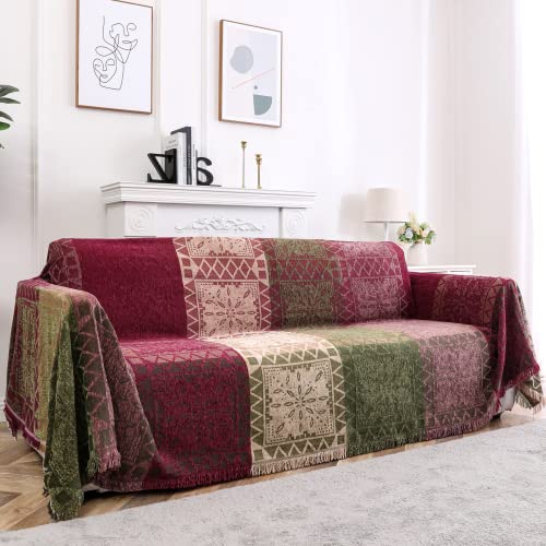 Roomlife Bohemian Tribal Couch Cover Reversible Red Green Boho Chenille Sofa Covers Sectional Couch Covers For 2-3 Cushion Couch Furniture Protector Sofa Chair Loveseat Futon Slipcovers 91"X134" #TOP22