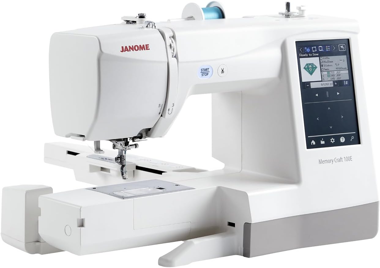 Janome Memory Craft 100E with the 5.5x5.5 inch embroidery hoop attached