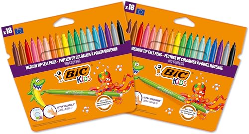 BIC Kids Kid Couleur - Feutres de Coloriage Lavables à Pointe Moyenne - Couleurs Assorties, Lot de 2 Etuis Carton de 18
