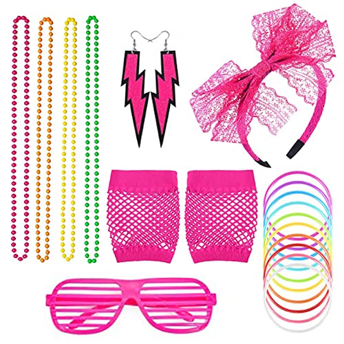 Mikqky 18 Pièces Années 80 Neon Boucles d oreilles Bracelets Gants et Colliers, Deguisement Annee 80 Femme Neon, Pour la Fête des Années 80 Accessoires de Costume, Fancy Dress Parties