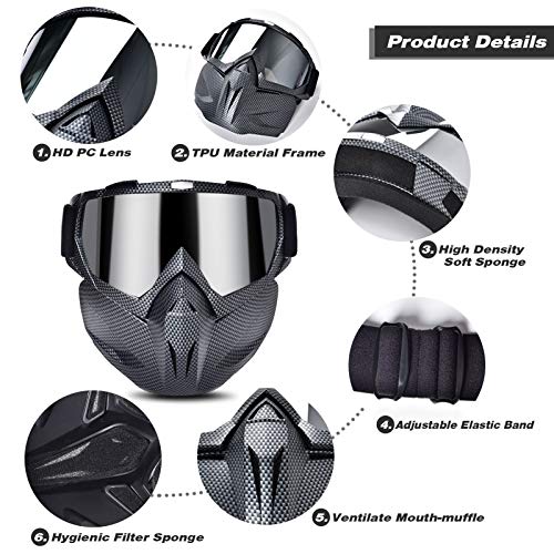 BOLLFO Motorcycle Goggle Mask,Protective Glasses with Detachable Mask for Cycling,Skiing,Paintball,Riding,Snowmobile,Halloween Adjustable Windproof Outdoor Anti-Fog Face Mask (Snakeskin Pattern)