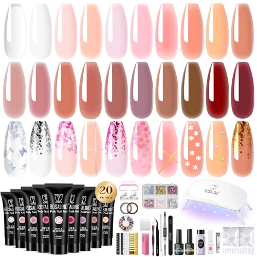 ROSALIND Kit Uñas de Gel 48W UV Lámpara con 20 Colores Gel de Extensión de Uñas Completo, Gel Uñas Set con Base Top Coat/Solución Deslizante, Poligel Kit Principiante con Decoración/Cepillo