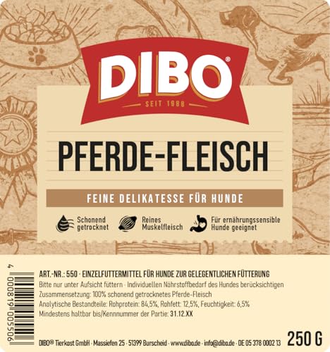 DIBO Pferde-Fleisch, 250g-Beutel, der kleine Naturkau-Snack oder Leckerli für Zwischendurch, Hundefutter, Qualitätskauartikel ohne Chemie