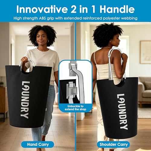 Image of 100L Laundry Basket with Tech Handle, 2in1 Large Dirty Clothes Hamper Black | Hand or Shoulder Carry, Collapsible Foldable Bin, Plastic Handle, 600D Oxford with Waterproof PE Coating for Dorm, Bathroom