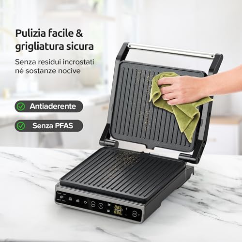 Olvy Piastra Grill Con Touchscreen - Senza Pfas - 7 Programmi Automatici - Apertura 180° 1800W - Piastre Antiaderenti - Termostato & Timer - Piastra Panini & Tostiera In Acciaio Inox - 11