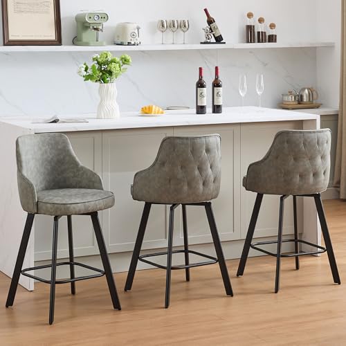Image of Counter Height Bar Stools Set of 3 with Back, Faux Leather Swivel Bar Chair