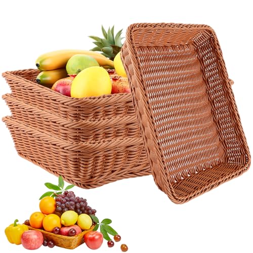 AKOLAFE 4 Pièces Corbeille a Pain en Osier 40 x 30 x 8 CM Panier Pain Empilables Panier a Pain de Service Brun Panier Osier Rectangulaire Corbeille Osier pour Pain, fruit, Légume, Ustensile de Cuisine