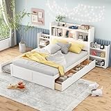 Full Size Storage Bed with Bookcase Headboard and Trundle, Wood Platform Bed Frame with Charging Station, Pull Out Shelves and Drawers for Kids Teens Adults, No Box Spring Needed,White