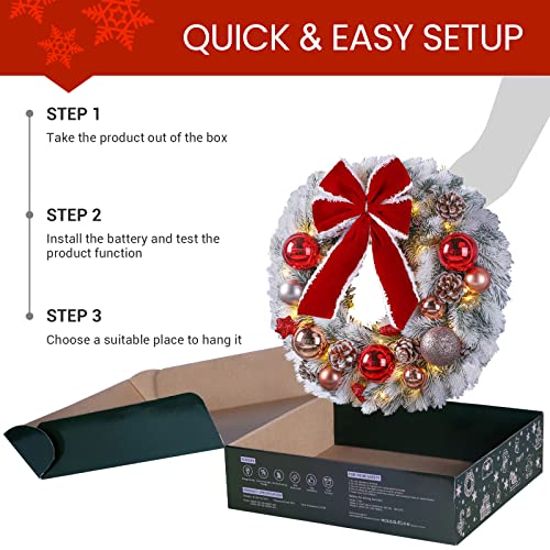 Areker Christmas Wreath With Lights (Timer) 16In Snow White Pre-Lit Christmas Wreath For Front Door Full Of Frosted Branch/Pine Cones/Shiny Balls/Huge Bow,Battery Operated Christmas Wreath 40Led #TOP6