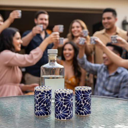 Image of Talavera Mexican Shot Glasses Set of 4 (2 oz) | Authentic Hand-Painted Ceramic Tequileros | Heavy Duty Caballitos for Tequila, Mezcal & Liquors | Blue & White Jaln Azul Floral Design