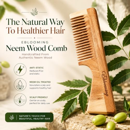 Image of Neem Wooden Handle Comb | Wooden Hair Comb for Women & Men | Smooth Rounded Teeth Detangling Comb | Comfortable Grip Handle for Everyday Hair Care & Styling | 1 Piece