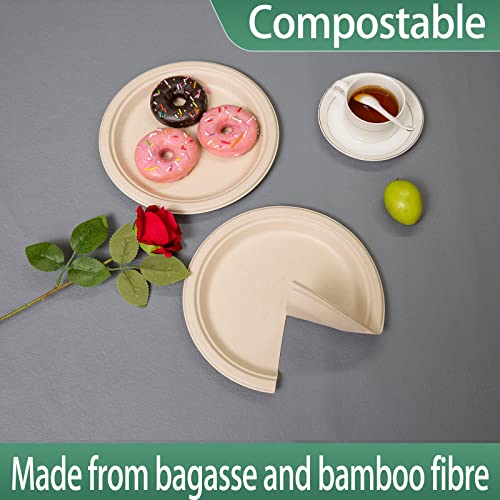 Emlifepak 100% 10Inch Compostable Paper Plates [150-Pack] Heavy-Duty Paper Plates Round Natural Brown Unbleach Bagasse Disposable Plates For Party, Eco-Friendly Sugar Cane Paper Plates #TOP3