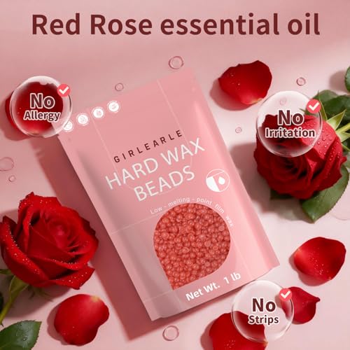 Image of GIRLEARLE 1LB Hard Wax Beads for Hair Removal, Low Melt Hard Wax Beads with Red Rose Formula, Wax Beads for Brazilian Waxing & Sensitive Skin, Stripless Hard Wax for Bikini, Face & Body At-Home Waxing