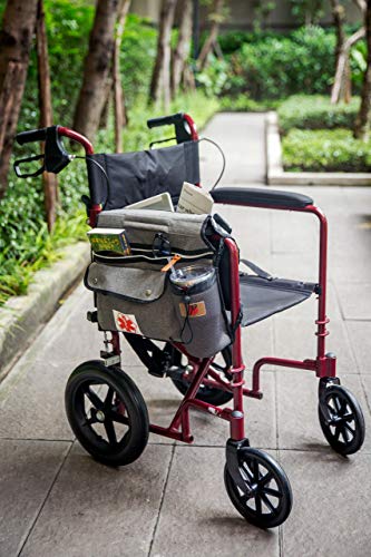 Wheelchair Side Pouch Bag(Double-Side) with Cup and Phone Holder for Manual, Electric or Power Mobility Scooter Full ARMREST by P&F for Lightweight Transport - Deluxe Wheelchair Accessories (Gray)