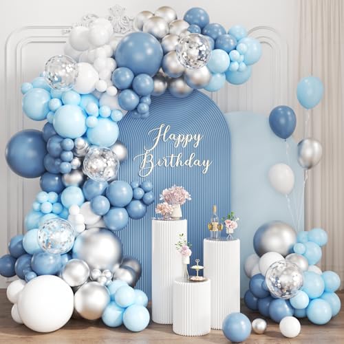 ZHIYAPA Dusty Blue White Silver Balloon Garland Arch Kit, 167Pcs Latex Balloons Different Sizes 15 12 10 5 inch for Baby Shower Gender Reveal Birthday Engagement Party Decorations by zhiyapa - Used condition - US$12.76