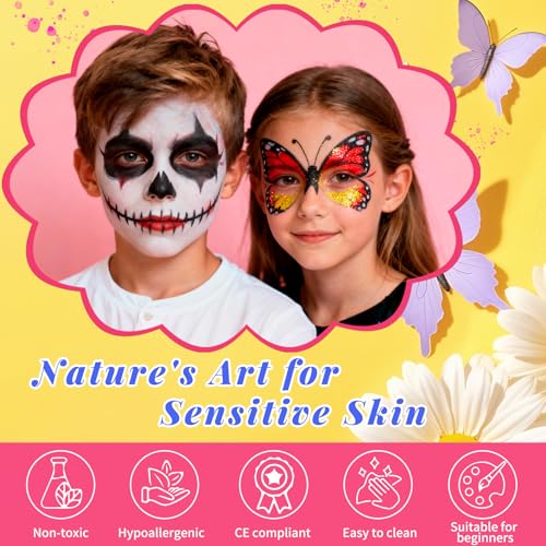 Mekkyes Kinderschminke Set, 16 Farben Schminkfarben Schminkpalette, Schminke Kinder mit 4 große Farben, 52 Schablonen, 1 Strassaufkleber, Ideal Kinderschminken für Halloween Karneval Fasching Ostern