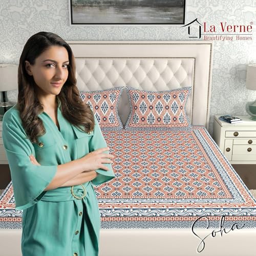 Image of La Verne 140 TC 100% Cotton King Size Jaipuri Rajasthani Print Bedsheet with 2 Pillow Covers (Peach)
