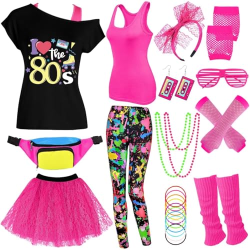 80s Outfit Women Costume Accessories Set, T-Shirt Tank Top Leggings Tutu Skirt Fanny Pack Headband Fishnet Gloves Legwarmers for 80s Parties, Halloween (Dxtset-80SLove-A-M)