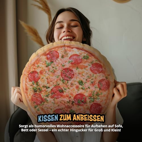 United Labels Pizza Kissen rund, Kopfkissen 40 cm, Sofakissen in Pizzakarton, Dekokissen, lustiges Geschenk für Kinder und Erwachsene