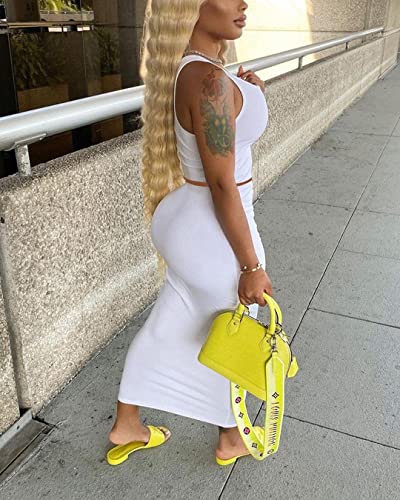 Image of Women Sexy Two Piece Skirt Outfits Long Sleeve /Sleeveless V Neck Bodycon Ribbed Knitted Maxi Club Party Dress