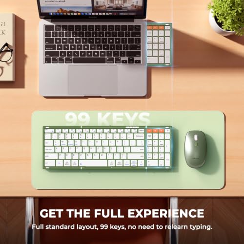 Image of MEETION Foldable Bluetooth Keyboard and Mouse, Portable Combo Green | Slim foldable keyboard and mouse set with a soft travel pouch, rechargeable and multi-device connection for work on the go