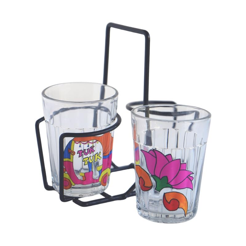 TOPSYTURVY Hand Crafted & Hand Designed Tapri Tea and Coffee Style Glass with Iron Stand (Set of 2, 90ml Each) | Colourful Tuk Tuk & Pink Lotus Flower Designs | Kulhad Cups | Cutting Chai Glasses Set
