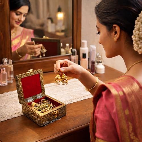 Image of Trendifly Pichwai Design Wooden Oxidised Jewellery Storage Box With Lock for Women 4 x 4 inch | Wood Jewel Earrings Ring Multipurpose Jewelry Organiser Box | Wedding Housewarming Pooja Return Gifts