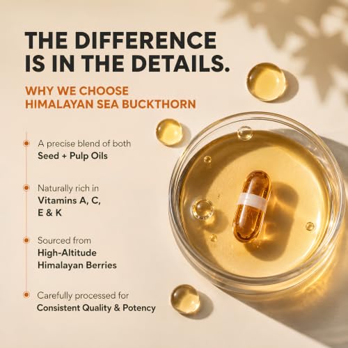 Image of Nutrabud Himalayan Sea Buckthorn Berry Oil -1120mg per serving - Cold-Pressed Vegetarian Omega 3,6,7,9 Oil for Skin Glow, Immunity & Gut Health Supplement (60 Count (Pack of 1), Unflavoured)