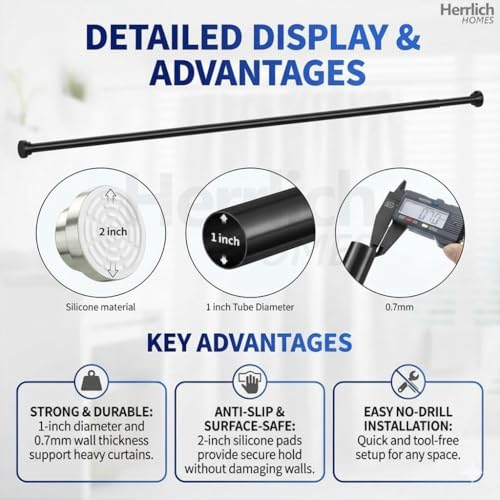 Image of Herrlich Homes (105 to 170 cm Extendable Shower Curtain Tension Rod | Non-Drilling Anti-Skid Spring Pull Rod | Adjustable Size | with Rubber Pads | Stainless Steel, Silver | Black | Large