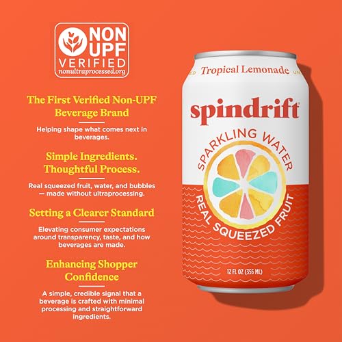 Image of Spindrift Sparkling Water, Tropical Lemonade Flavored, Made with Real Squeezed Fruit, 12 Fl OZ Cans, Pack of 24 (Only 13 Calories per Can)