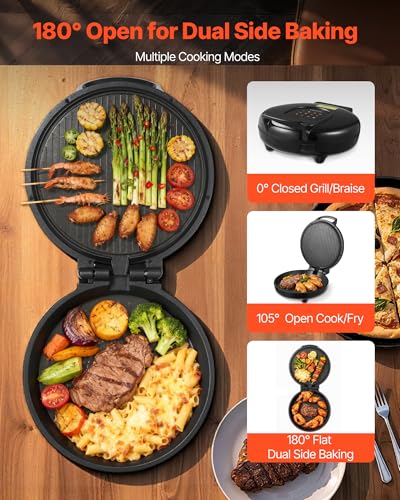 Image of VEVOR Pizza Oven, 12 in Electric Pizza Maker, 1200W Electric Pizzas Cooker with Non-Stick Coating, 180 Open for Dual Side Baking, Heats up to 410 ˚F, Multi-Function Cooking, for Pizzas, Barbecue
