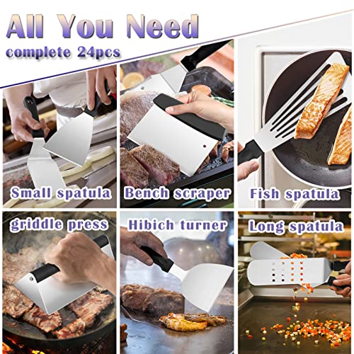 Griddle Accessories Kit Of 24, Hasteel Heavy Duty Metal Spatulas Set For Flat Top Teppanyaki, Stainless Steel Grill Hibachi Tools With Rectangular Melting Dome For Barbecue, Camping, Easy To Clean #TOP3