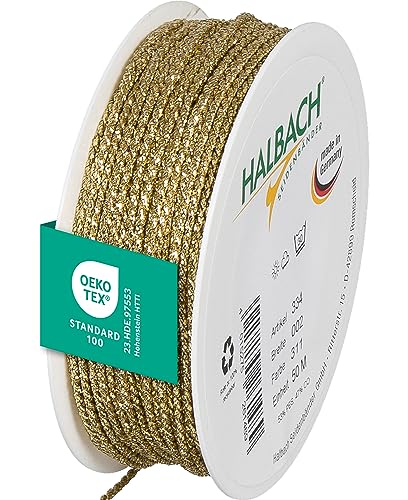 Halbach Seidenbänder Cordoncino oro di alta qualità, larghezza: 2 mm, lunghezza: 50 m, cordoncino per decorazioni, filo d'oro per fai da te e confezioni regalo, colore: oro