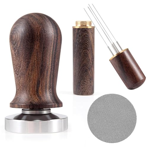 Qusedwey Juego de Agitador y Compactador de Café Expreso de 51 Mm: Compactador Calibrado con Manejar de Madera y Base de Acero Inoxidable de Primera Calidad
