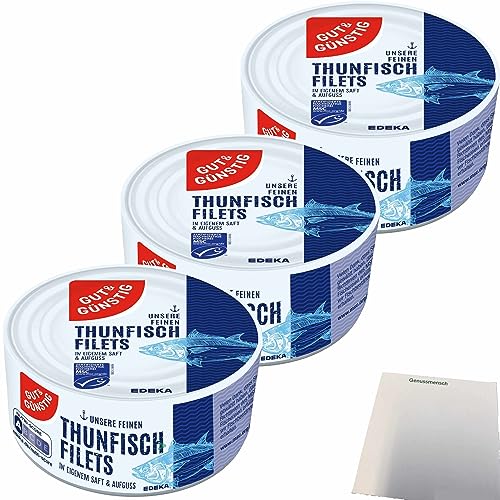 Gut&Günstig Thunfischfilets in eigenem Saft und Aufguss 3er Pack (3x195g Dose) + usy Block