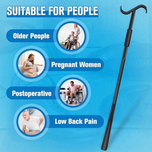 Milifox 35\" Long Dressing Stick, Shoe Horn, Sock Remover Tool - Adjustable Extended Dressing Aid for Shoes, Socks, Shirts, Pants, Independent Living Aids for Seniors Elderly Disabled (Black)